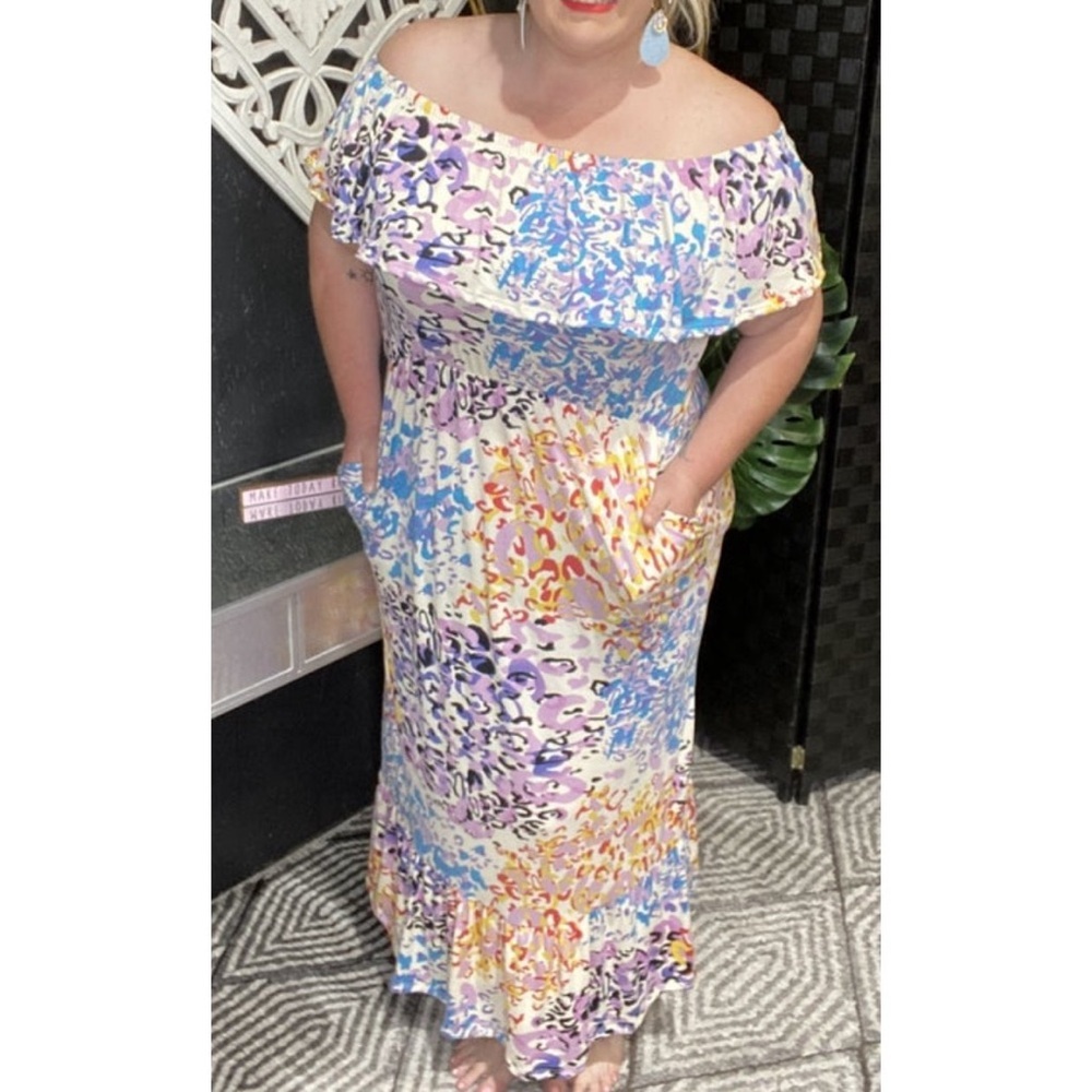Lilypad multi color animal print Off the Shoulder maxi dress